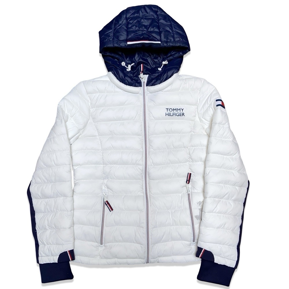 Tommy Hilfiger Womens M Packable Puffer Jacket White Navy Hooded Lightweight
